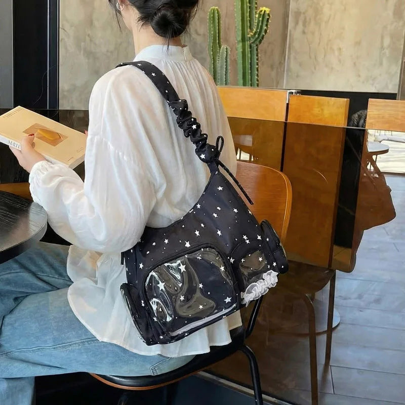Women Canvas DIY Badge Crossbody Bag Zipper Cartoon Tote Handbag