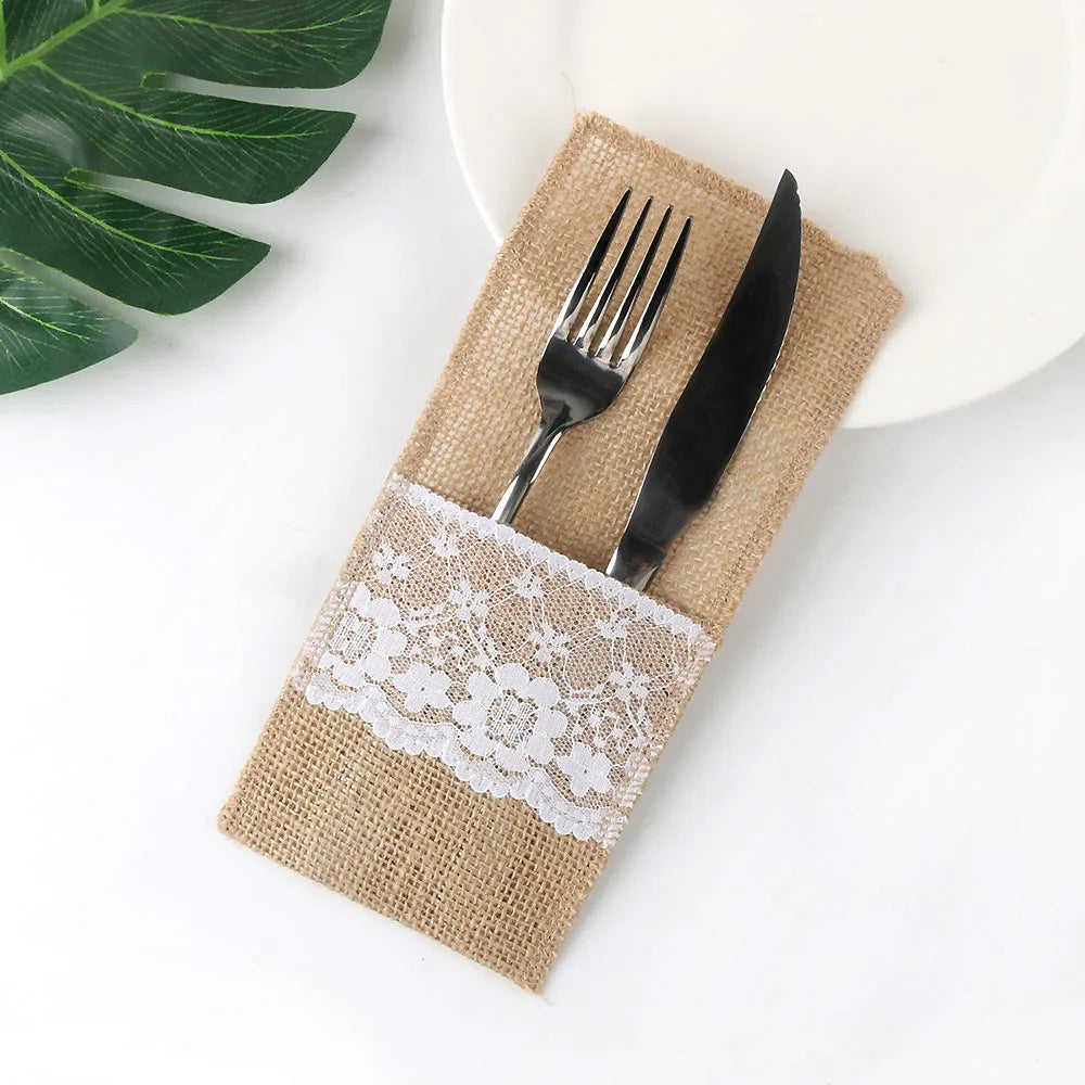 10- Burlap Lace Cutlery Pouch Party Tableware Decor Vintage Jute Zpaxo A 20pcs