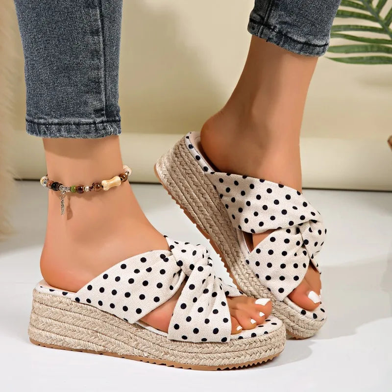 Summer Women Polka Dot Embellishment Cross Band Comfortable Wedge Zpaxo