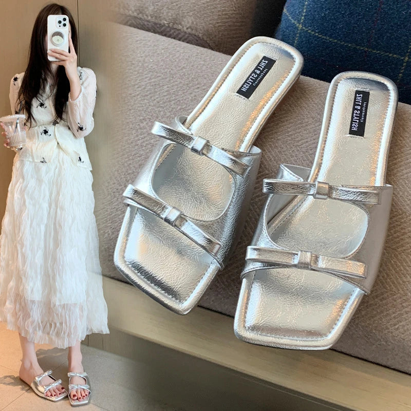 Womens Silver Bow Knot Square Toe Slide Sandals Open Flat Slippers Zpaxo