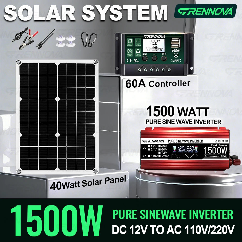 Grennova 1500W Solar Power Kit True Pure Sine Inverter 60A MPPT Controller 40W Panel for Off-Grid Outdoor Camping Home Backup Zpaxo