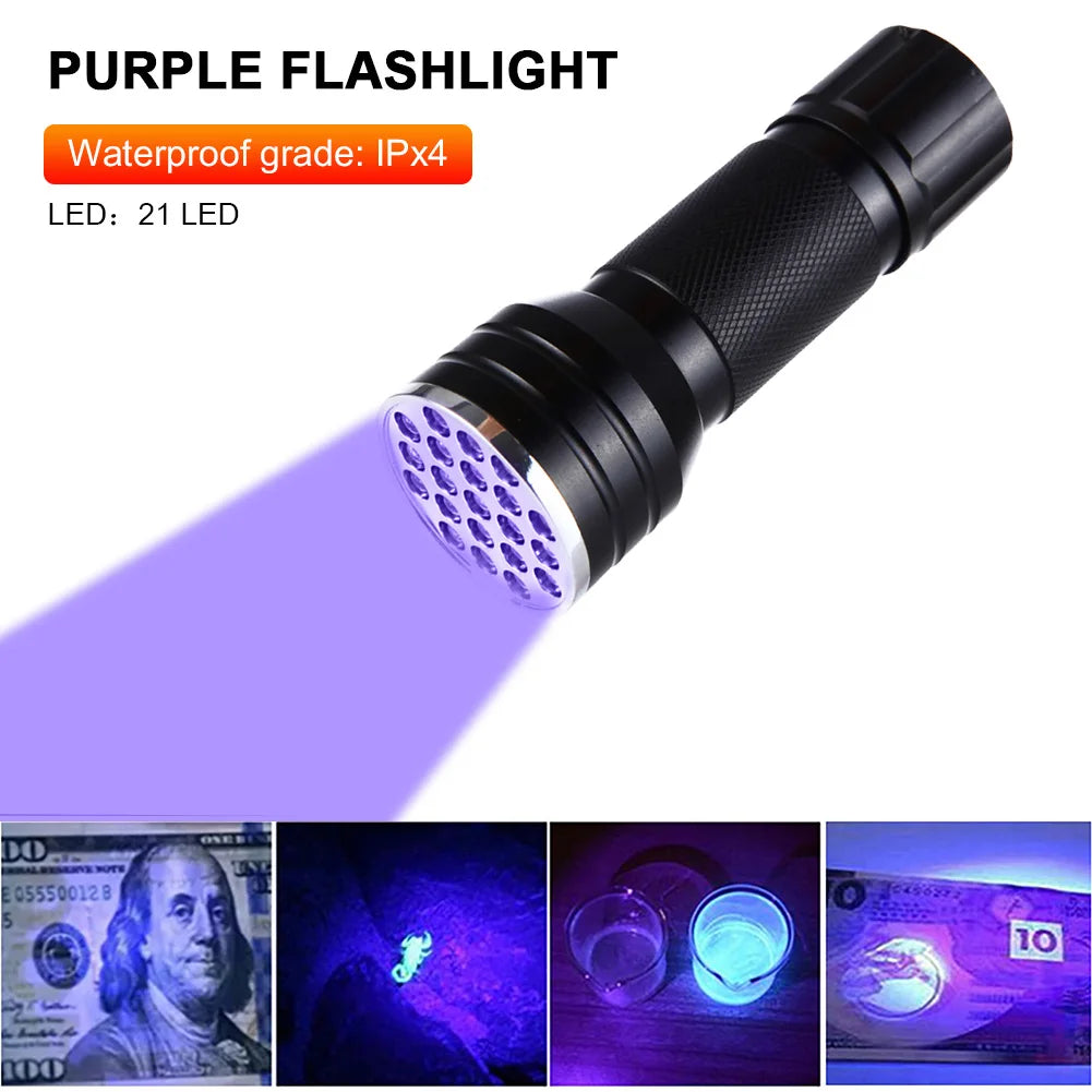 9 21LED UV Light 395nm Waterproof Flashlight Ultraviolet Mini Lamp