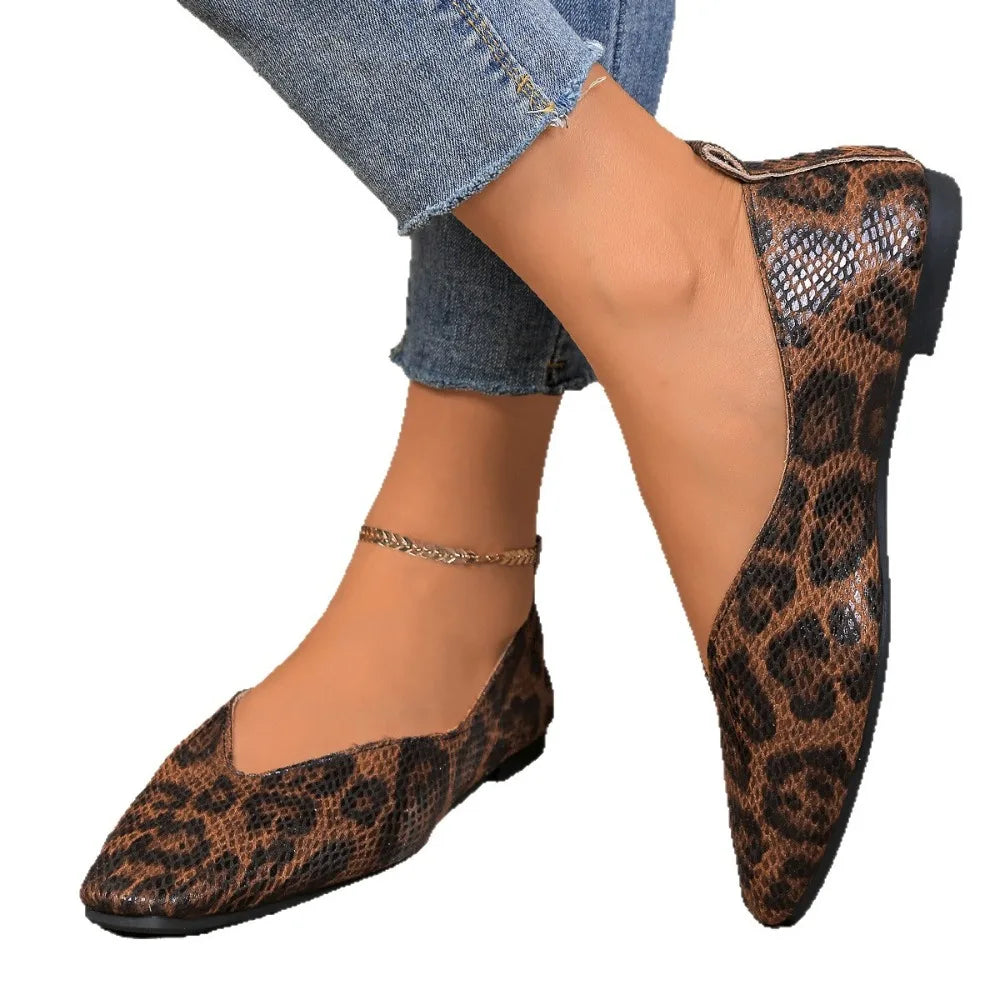 Big 35-43Snake Pattern Leather Woman Square Toe Shallow Ballet Flats