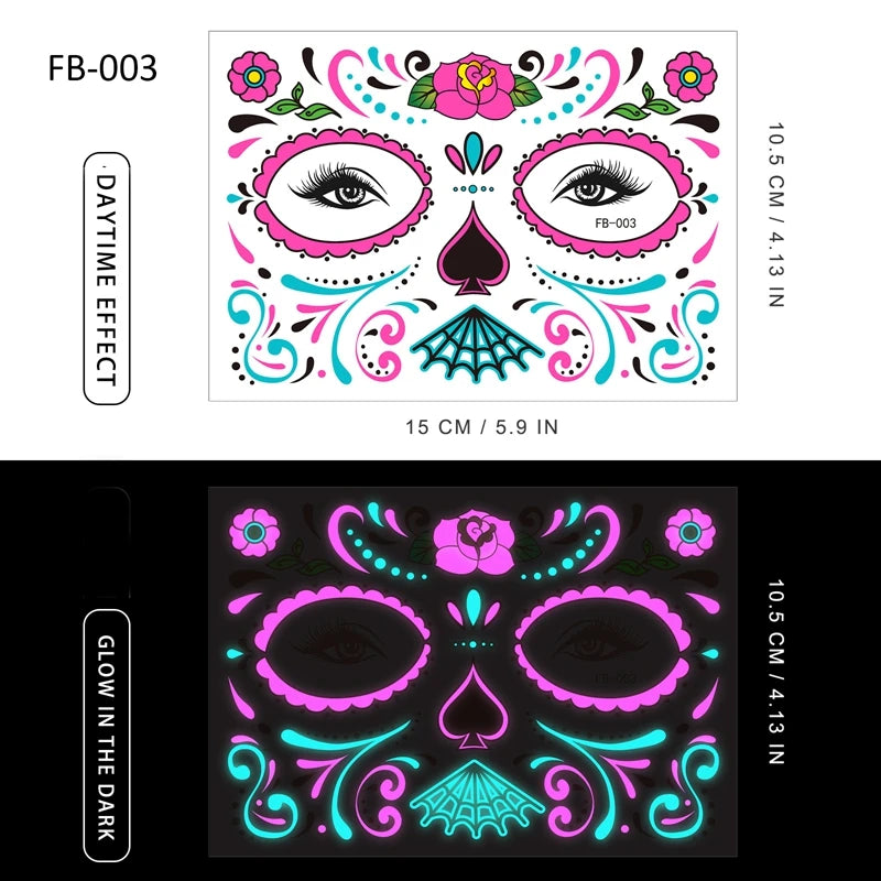 Halloween Halloween Face Tattoo Sticker Temporary Skin Tattoo for Party Festival Makeup Tattoo Glow in The Dark Body Sticker Zpaxo fb-03