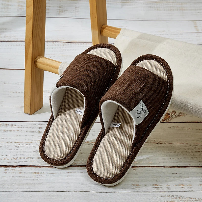 Men's Linen Slippers Breathable Open-toe Non-slip House Shoes