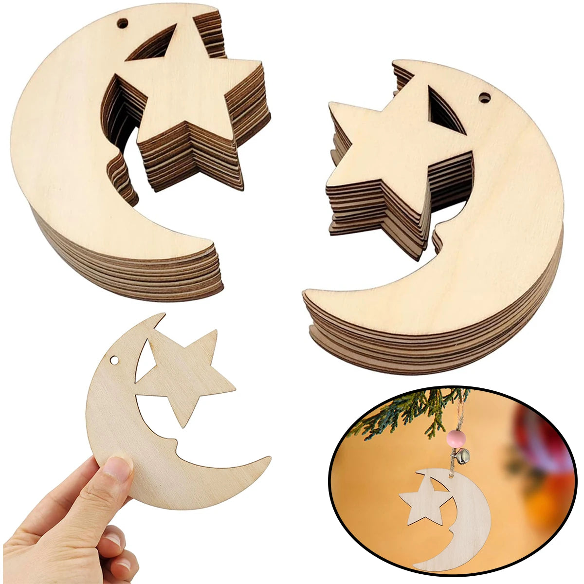 24/48 PCS Wooden Moon & Star DIY Hanging Ornaments + Hemp Rope