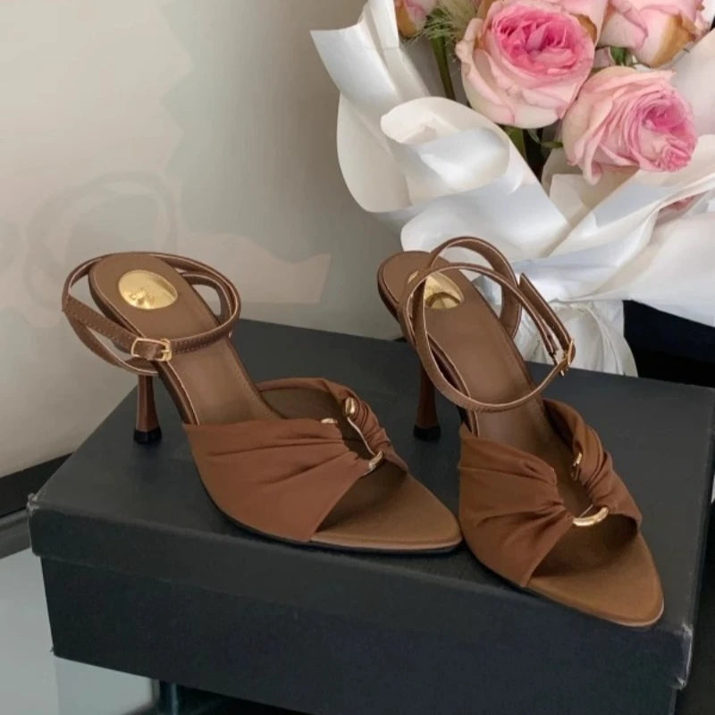 2025 New Fashion Hollow Out Metal Buckle Woman Sandals Cozy Silk Ankle Strap Sexy Pointed Toe High Heels Party Dress Shoes Zpaxo Brown 37