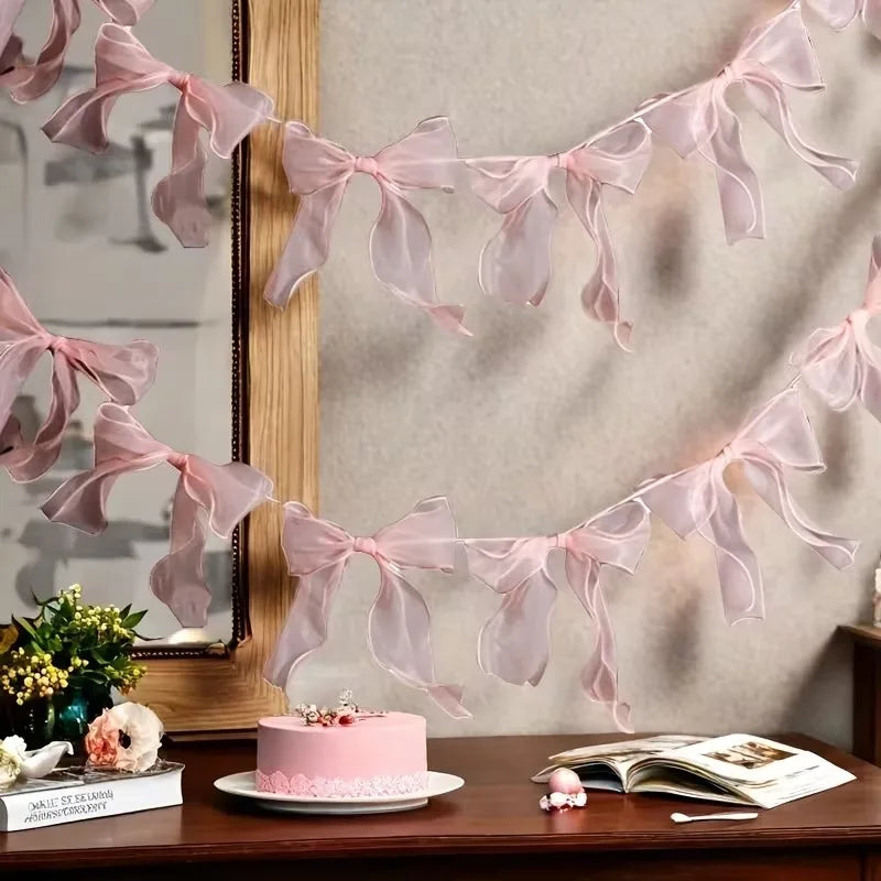 Pink Bow Garland Hanging Bunting Banner Girls Princess Birthday Party