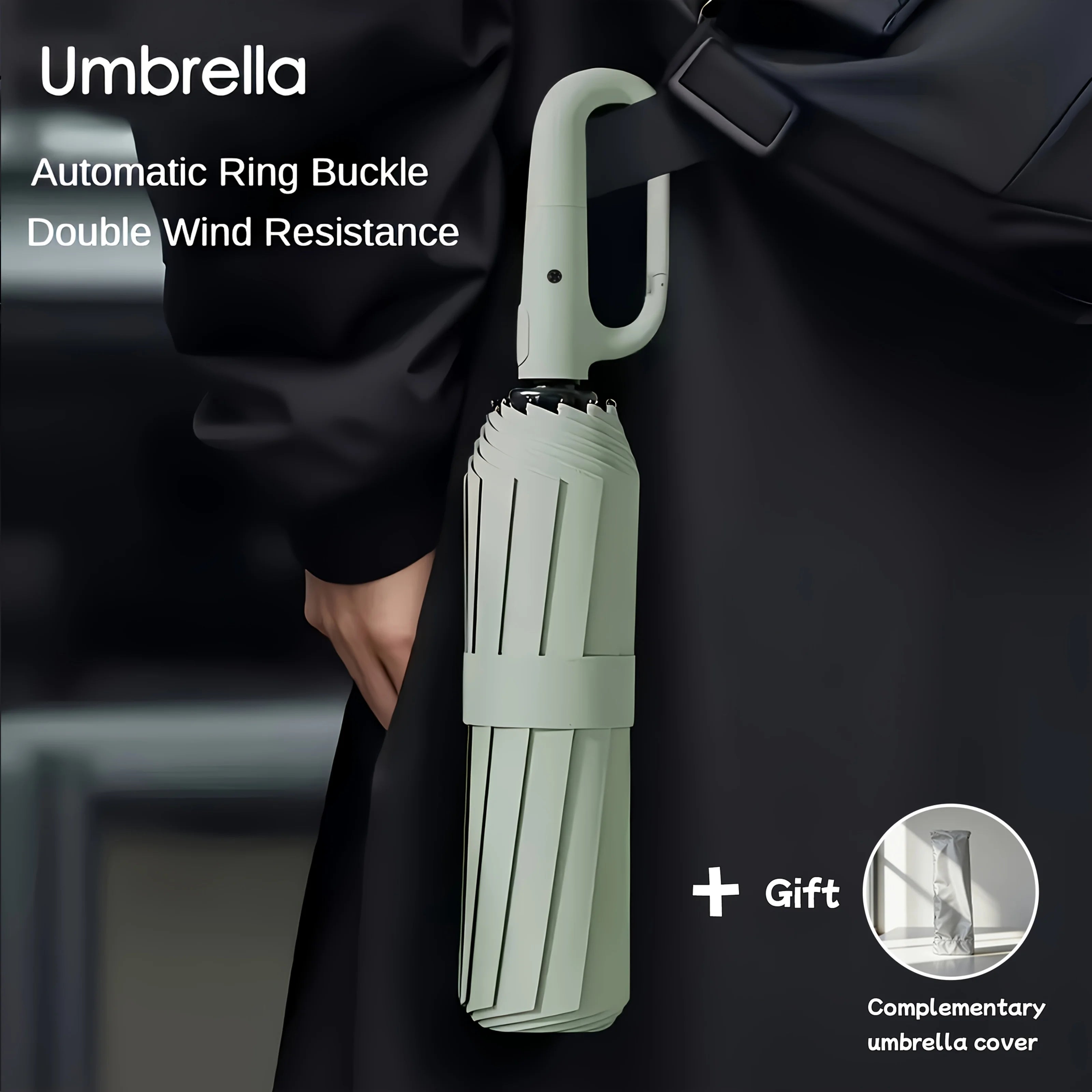 Carabiner Clip, Portable, Hands-free, Automatic Folding Umbrella. Features Reinforced Thickened Windproof Ribs and Canopy Zpaxo