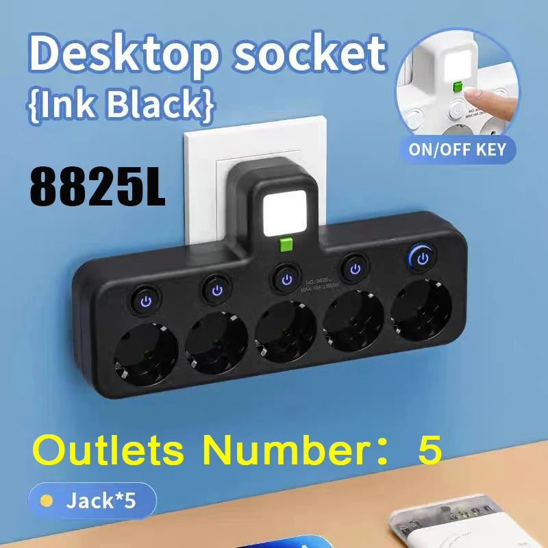 EU Power Strip with USB-C, Multiple AC Outlets & Switches EU Power Strip Zpaxo 8825L Black EU Plug