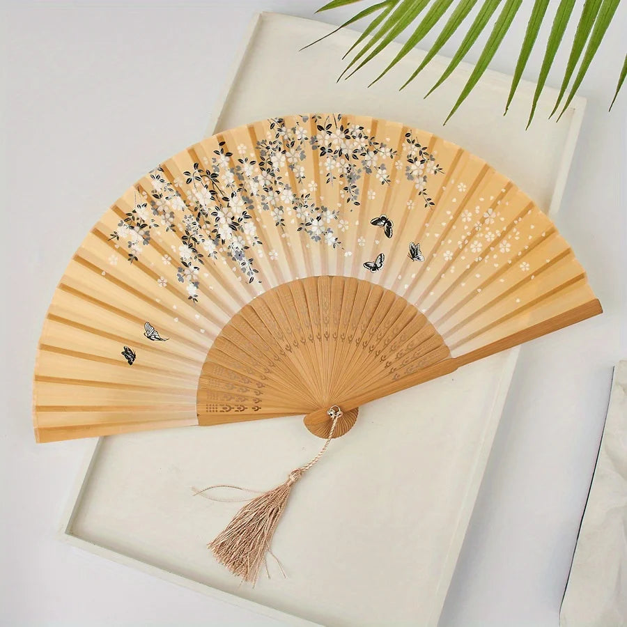 Elegant Bamboo Folding Hand Fan Tassel Traditional Chinese Japanese