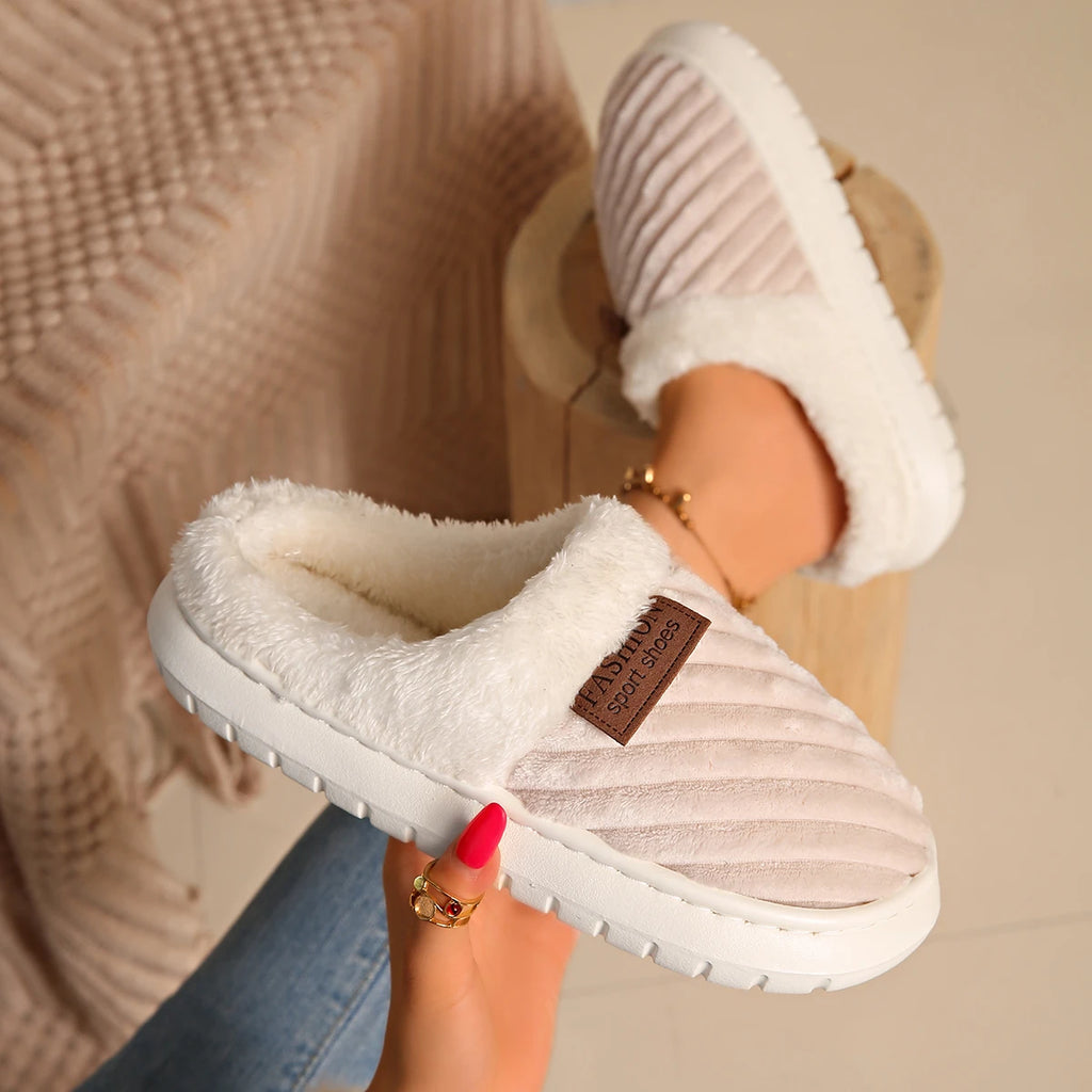 2025 Women Slippers Winter Home Casual Cotton Shoes Women Unisex Concise Flat Plush Slippers Non-slip Warm Fluffy Slides Women Zpaxo