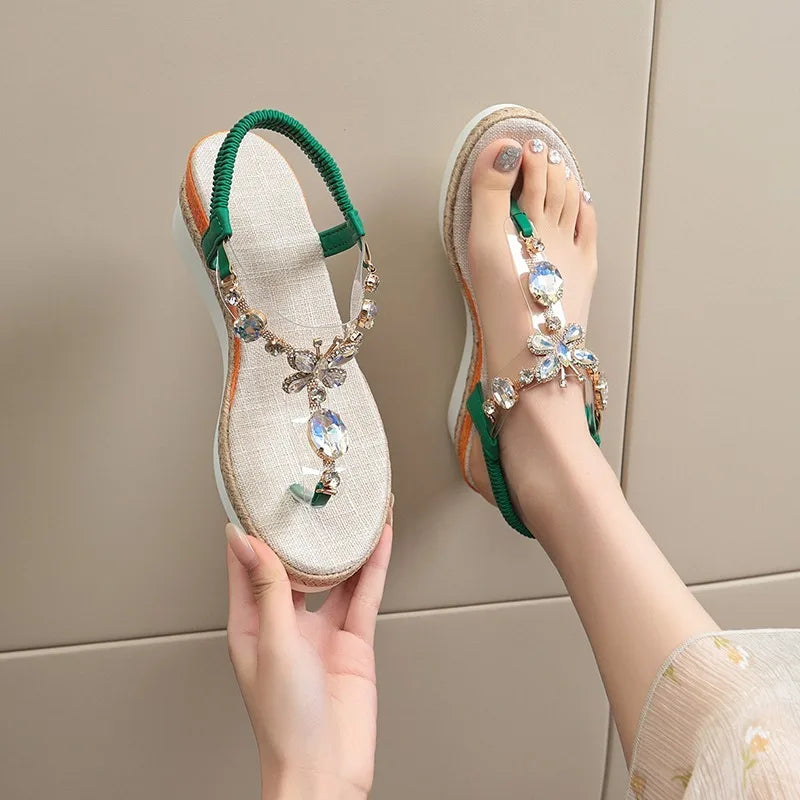 Bohemian Beaded Strappy Wedge Sandals Women Rhinestone Fashion Heel Zpaxo green 42