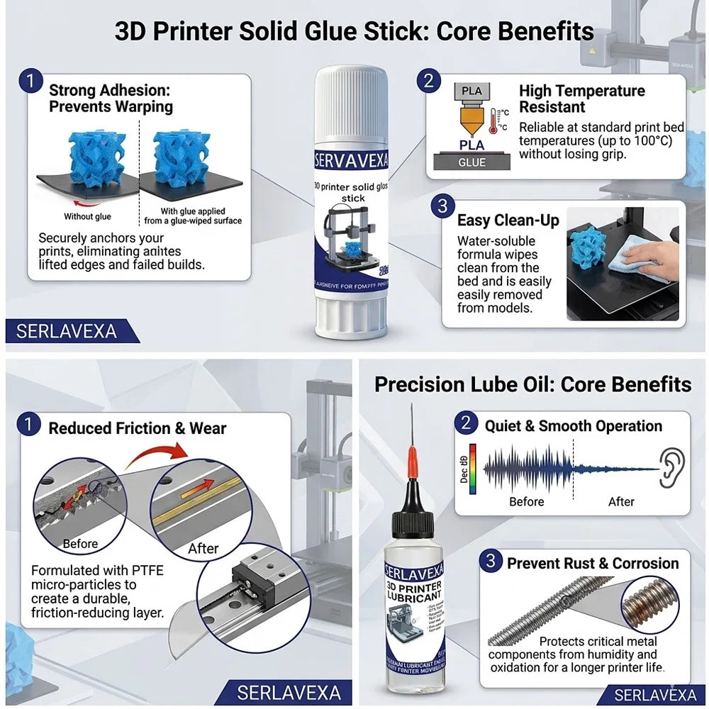 3D Printer Maintenance Kit: Washable Bed Adhesion Glue Stick & PTFE Lubricating Oil. Anti-Warp & Noise Reduction Accessories. Zpaxo