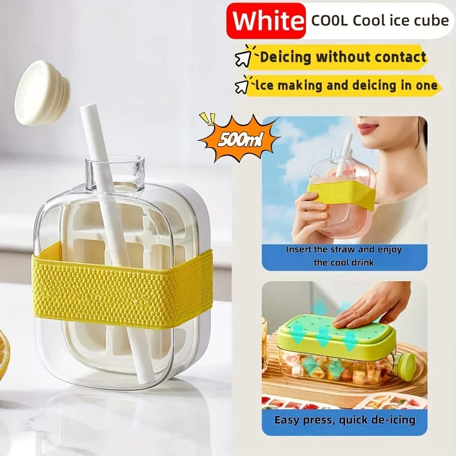 2-in-1 Portable Ice Cube Cup with Straw Quick Release Food-Grade Material for Juice Drinks Cocktails Whiskey Plastic Straw Cup Zpaxo White 500ML 1 PCS