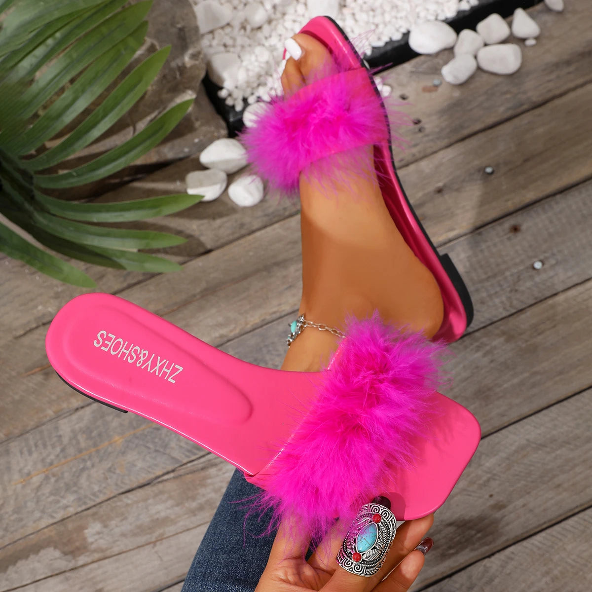 2026 New Peep Toe Women Slippers Fur Fashion Wedding Slip-On Shoes Square Toe Slippers Lightweight Luxury Sandals Slides Women Zpaxo Red 39