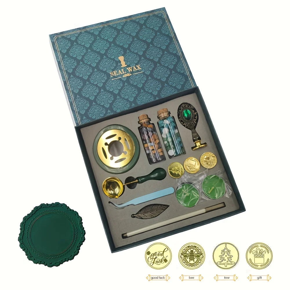 DIY Wax Seal Stamp Kit With Gift Box, Sealing Wax Warmer, Envelopes, Candles, Wax Stamp, Metallic Pen For Letter Sealing Zpaxo green