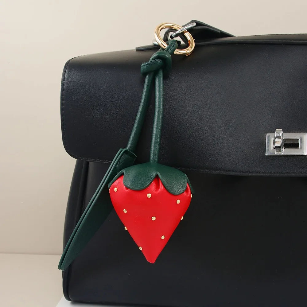 Woven Flower Strawberry Bag Pendant Cherry Backpack Accessories PU Leather Pendant Braided Rope Car Keyring Fruit Keychain Men Zpaxo Style1