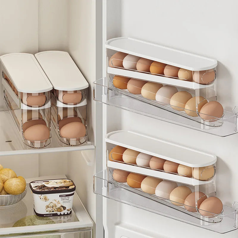 Auto-Rotating Clear Egg Holder | 2-Layer Fridge Organizer, Freshness PET/PP Storage | Space-Saving Kitchen Essentials Zpaxo