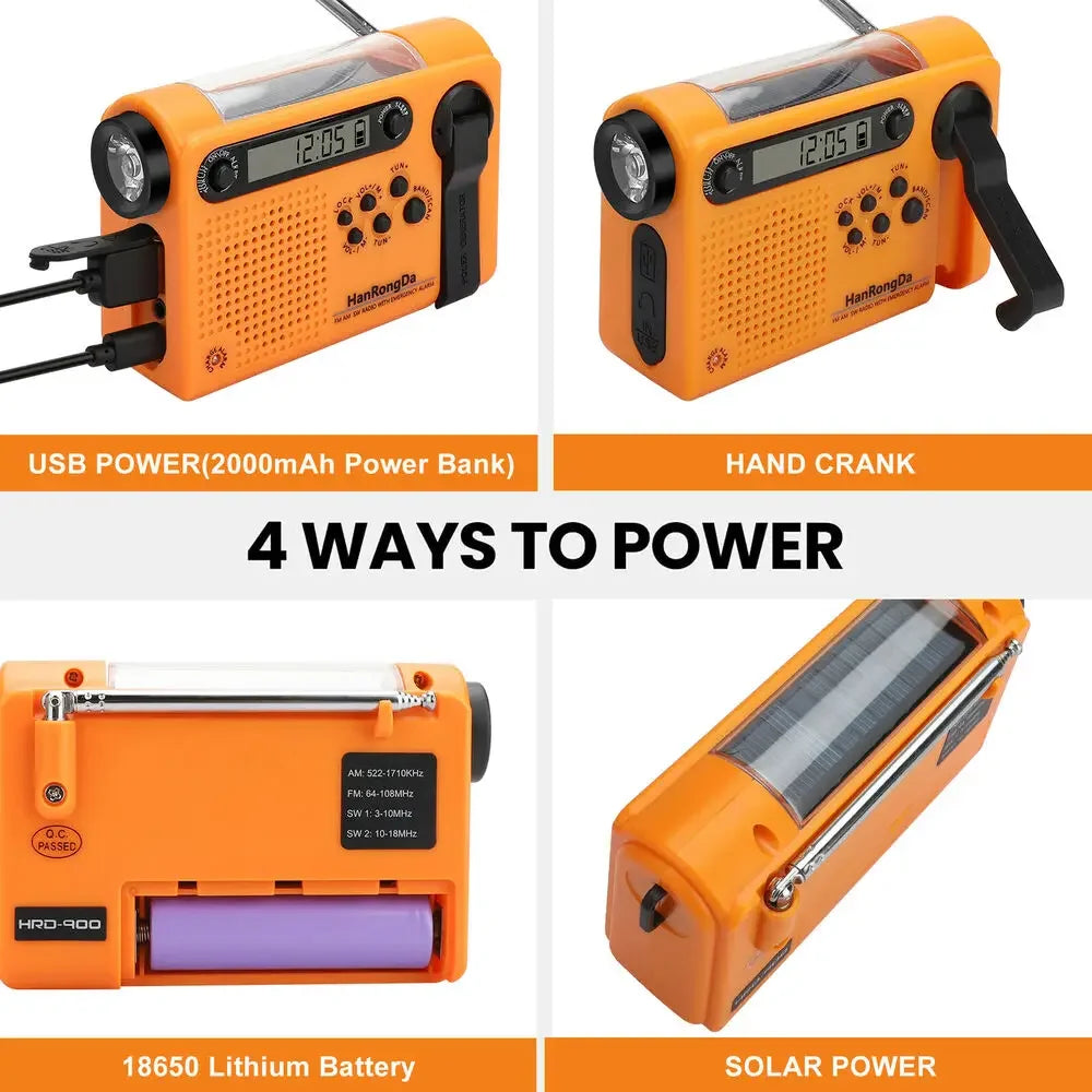 Portable AM FM SW Solar Hand Crank Radio Weather Emergency 1 2000mAh