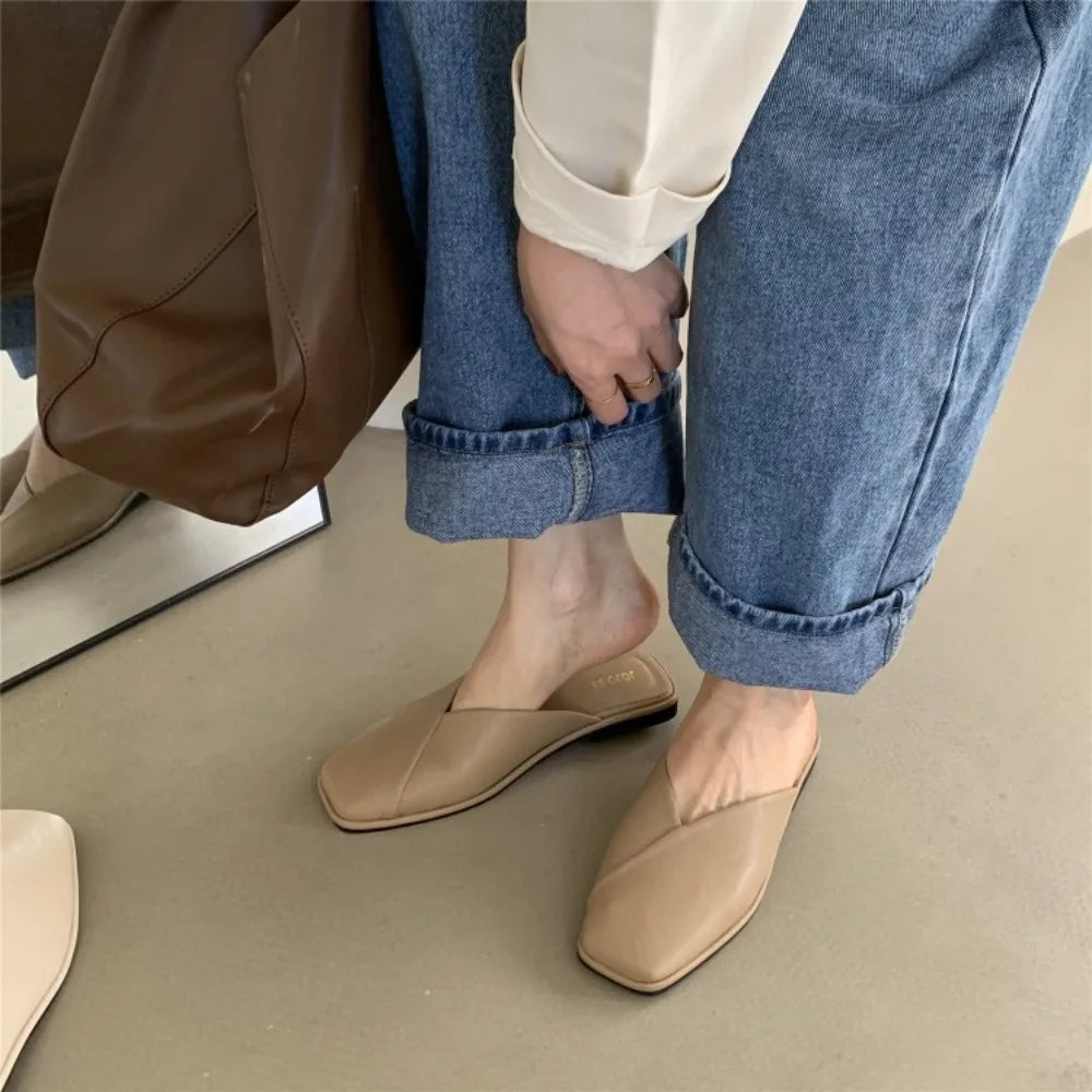 Women Mules 2025 Summer Elegant Square Closed Toe Flat Slippers