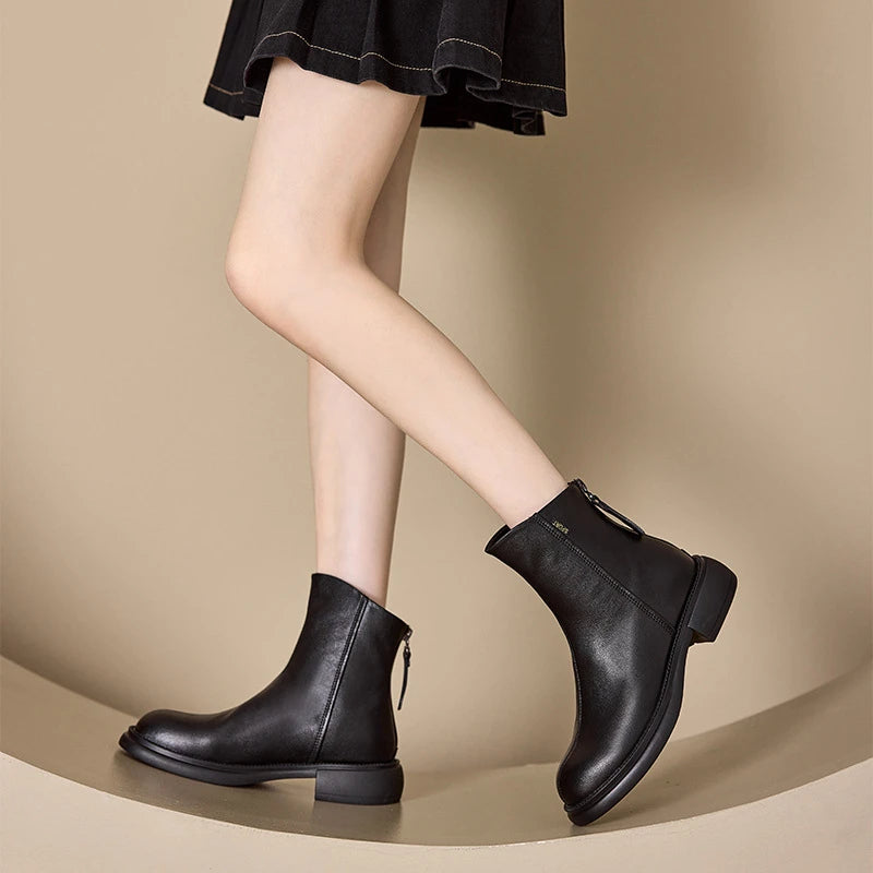Women Leather Ankle Boots 2026 Round Toe Back Zipper Low Block Heel Zpaxo