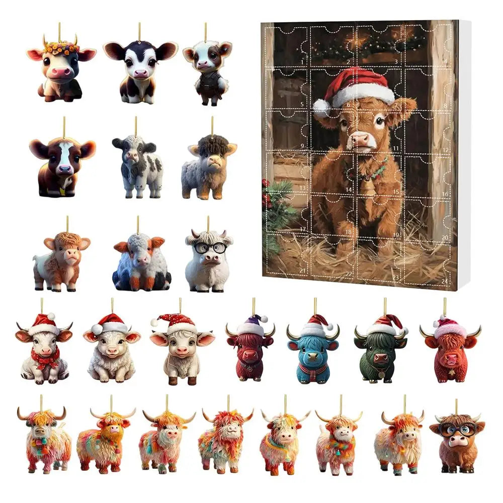 Christmas Advent Calendar Highland Cow Ornaments 2D Acrylic Cute