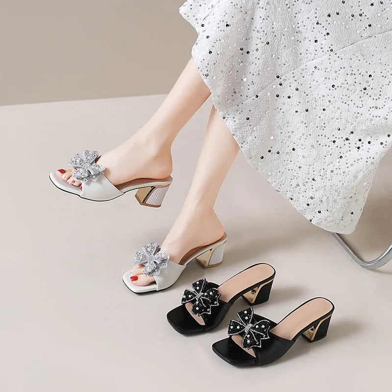 Diamond Rhinestone Flower Women's Heels Slippers Concise Open Toe Zpaxo