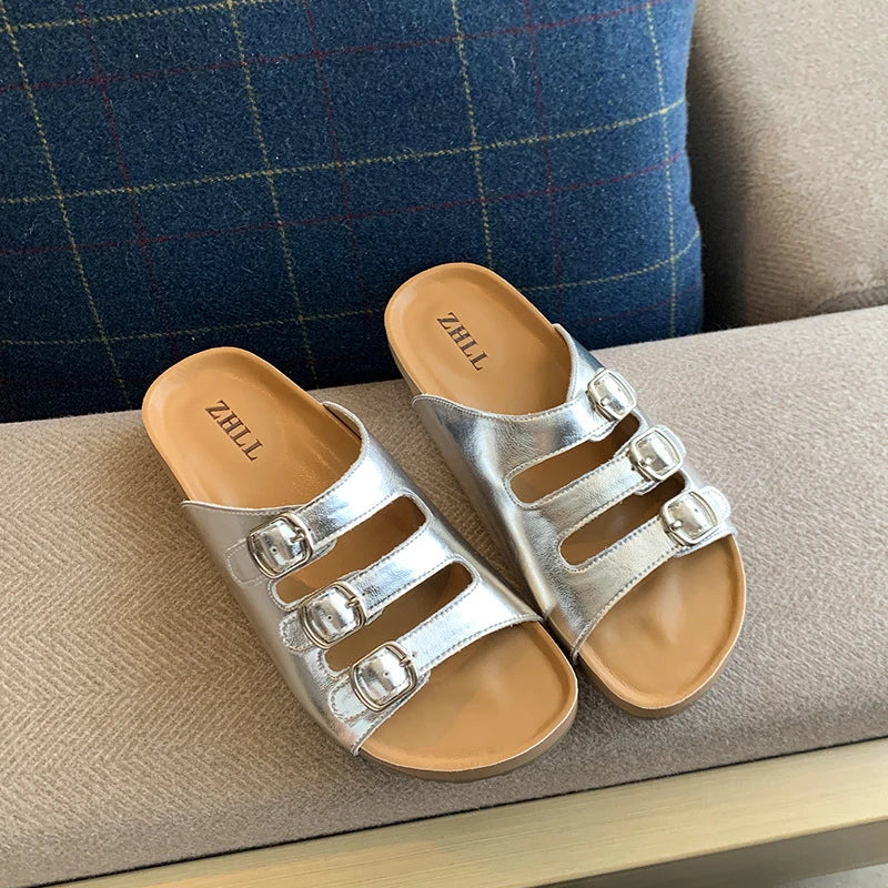 Womens Silver Three Buckle Strap Slide Sandals Open Toe Flat Slippers Zpaxo 2077-8 Silver 35 China Mainland