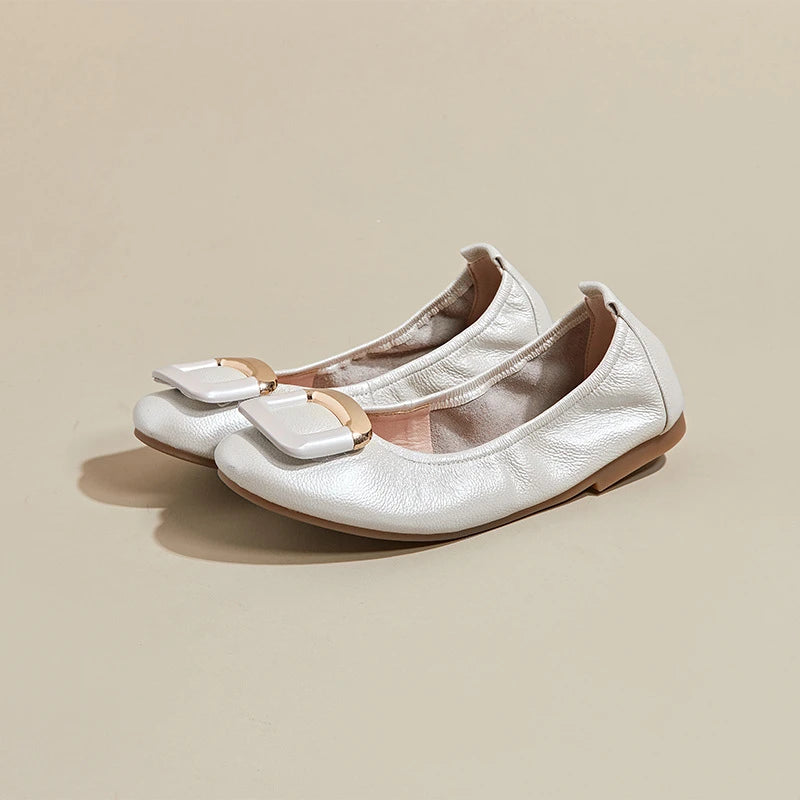 Women White Ballet Flats 2026 Round Toe Gold Buckle Soft Leather Slip Zpaxo