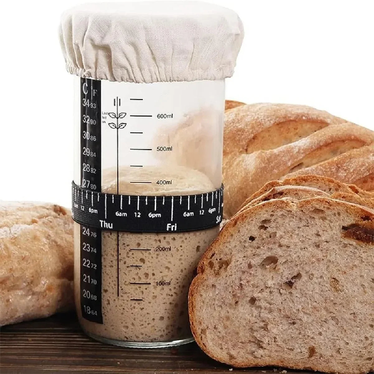 1pc Sour Dough Starter Container Sourdough Starter 24 Oz Jar with Date Marked Feeding Band Thermometer Silicone Scraper Zpaxo