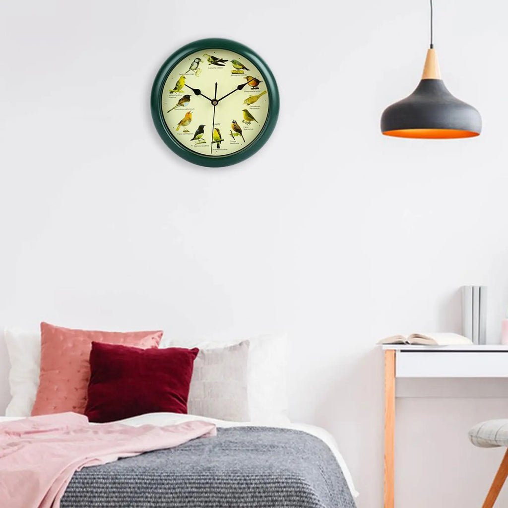 25cm Musical Birds Wall Hanging Sound Clock Battery Operated Household Interior Green Frame for Bedroom Housewarming Gift Zpaxo