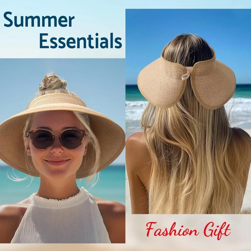 Summer Women Wide Brim Sun Hat, Roll-Up Foldable Beach Ponytail Hat, Seaside Travel Straw Hat, UV Protection Outdoor Visor Cap Zpaxo