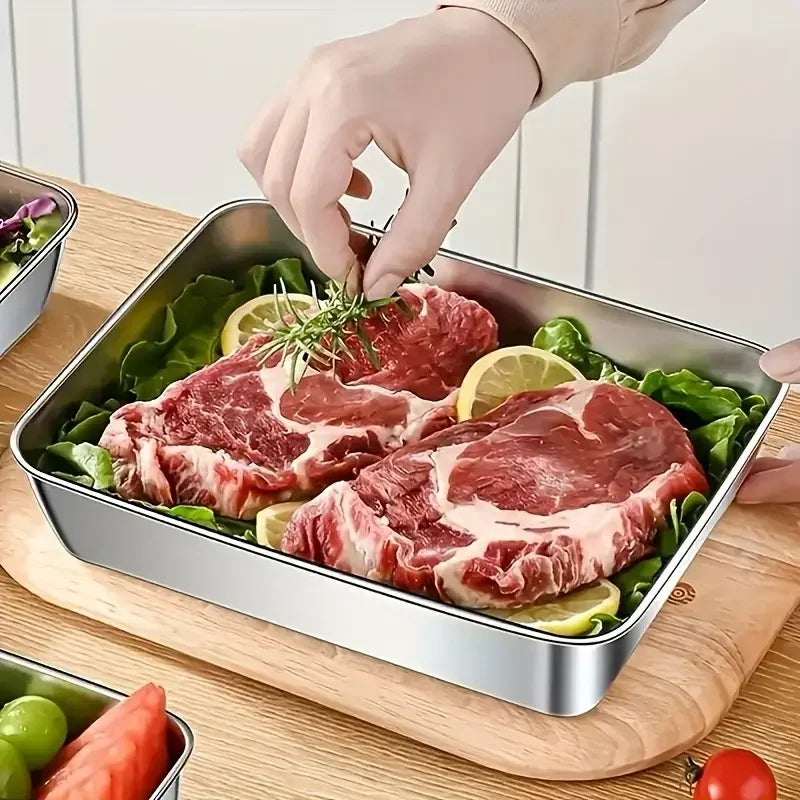 Stainless Steel Food Storage Container Rectangle Dish with Cover Noodles Fruit Tray Lunch Box Thick Refrigerator Organizer Plate Zpaxo