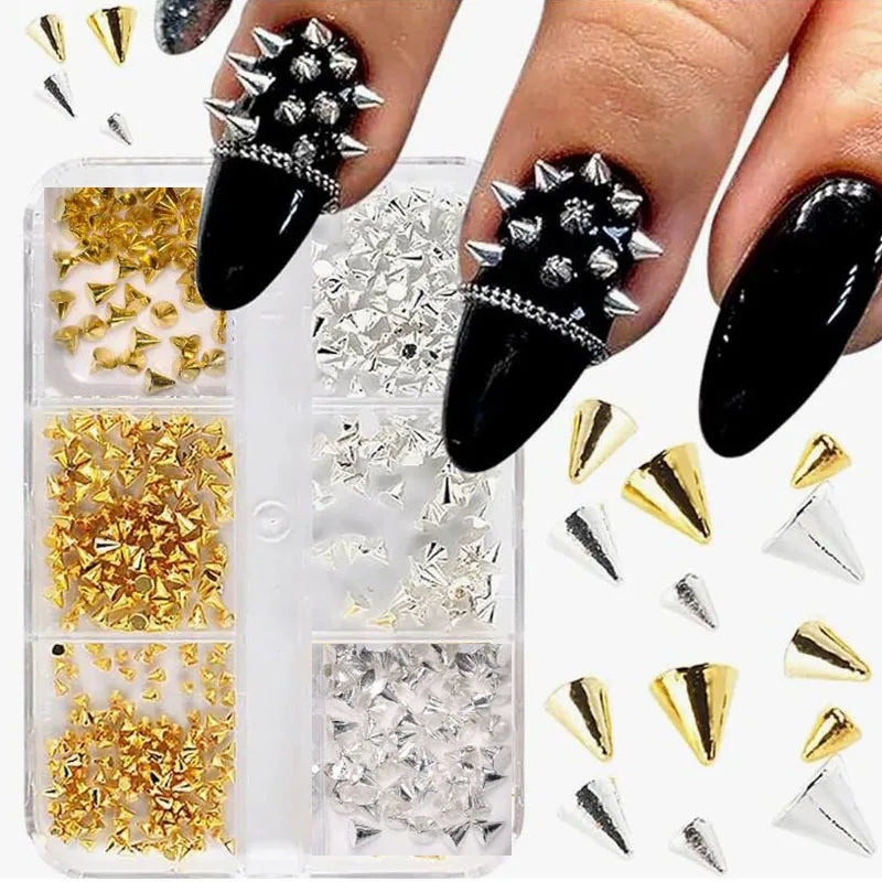6 Grids 3D Punk Metal Nail Rivets Spikes Gold Silver Black Round Cone