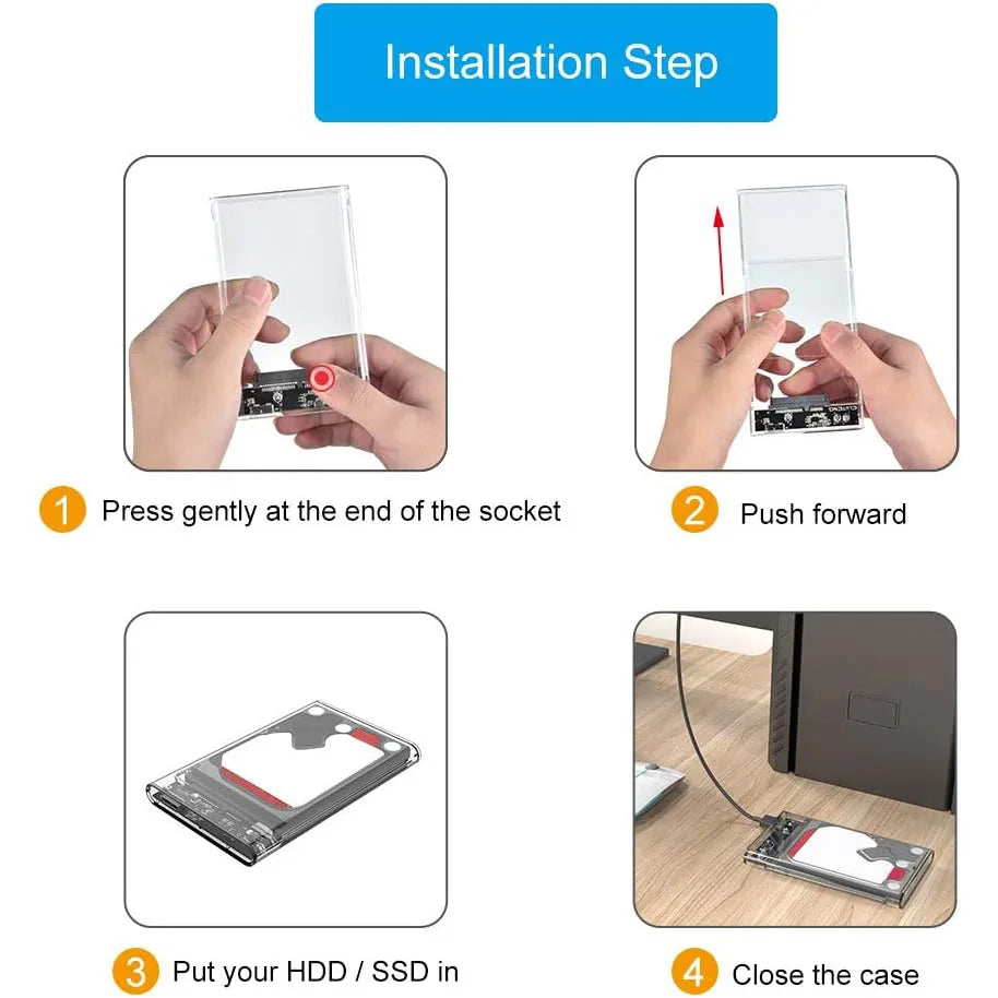 USB 3.0 External Hard Drive Enclosure 2.5 inch SATA to USB3.0 UASP Clear Portable Hard Drive Case 2T HDD Tool-Free Transparent Zpaxo