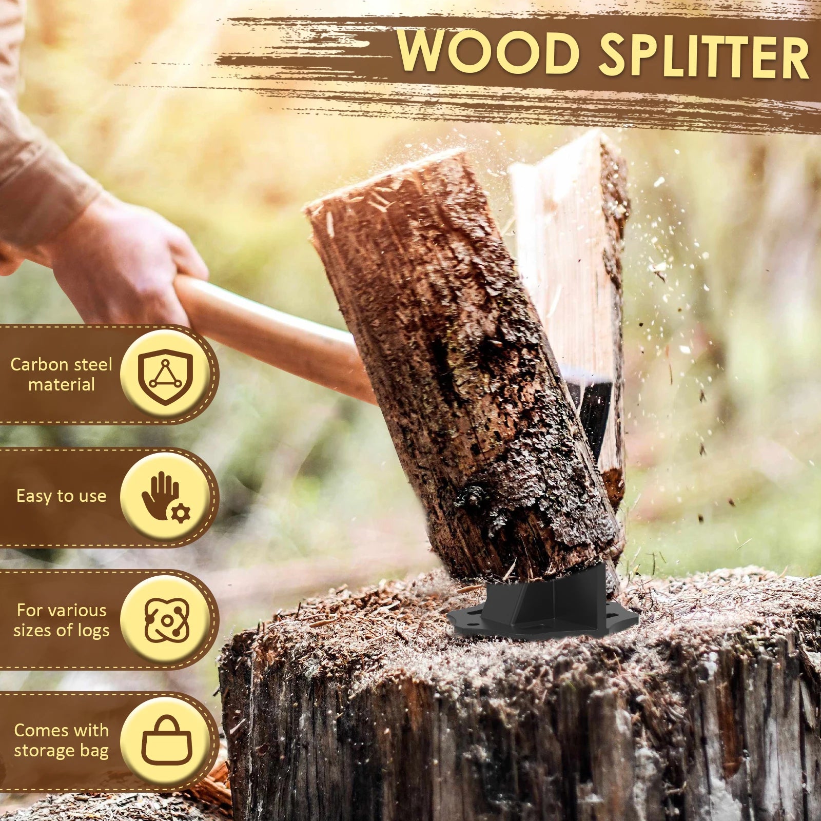 Kindling Splitter Sturdy Carbon Steel Log Wood Splitter Portable Wood Splitter Tool with Cloth Bag Manual Splitter for Home 2025 Zpaxo