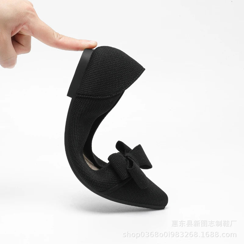 Pointed Toe Knit Princess Shoes Shallow Mouth Bowknot Casual Flats Zpaxo
