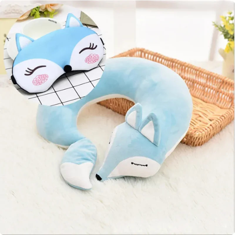 Cute Fox U Shape Neck Pillow Animal Cotton Plush Travel Car Home Pillow Health Care with Eye Mask Nap Animal Pillow Almohada Zpaxo Light blue with eye 28x28x8cm