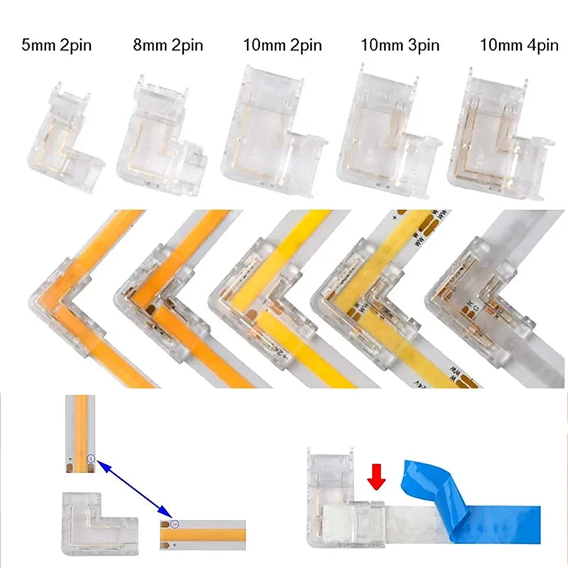 5/8/10MM 2/3/4Pin FOB COB RGB CCT Tape LED Lights Strip Solderless Connector Seamless L Shape Corner Connectors 90 Degree DIY Zpaxo