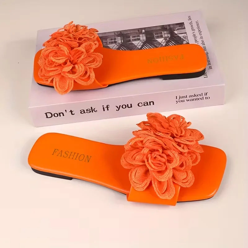 Women Flower Flat Slippers Summer Casual Walking Shoes Female Fashion Zpaxo Orange 36