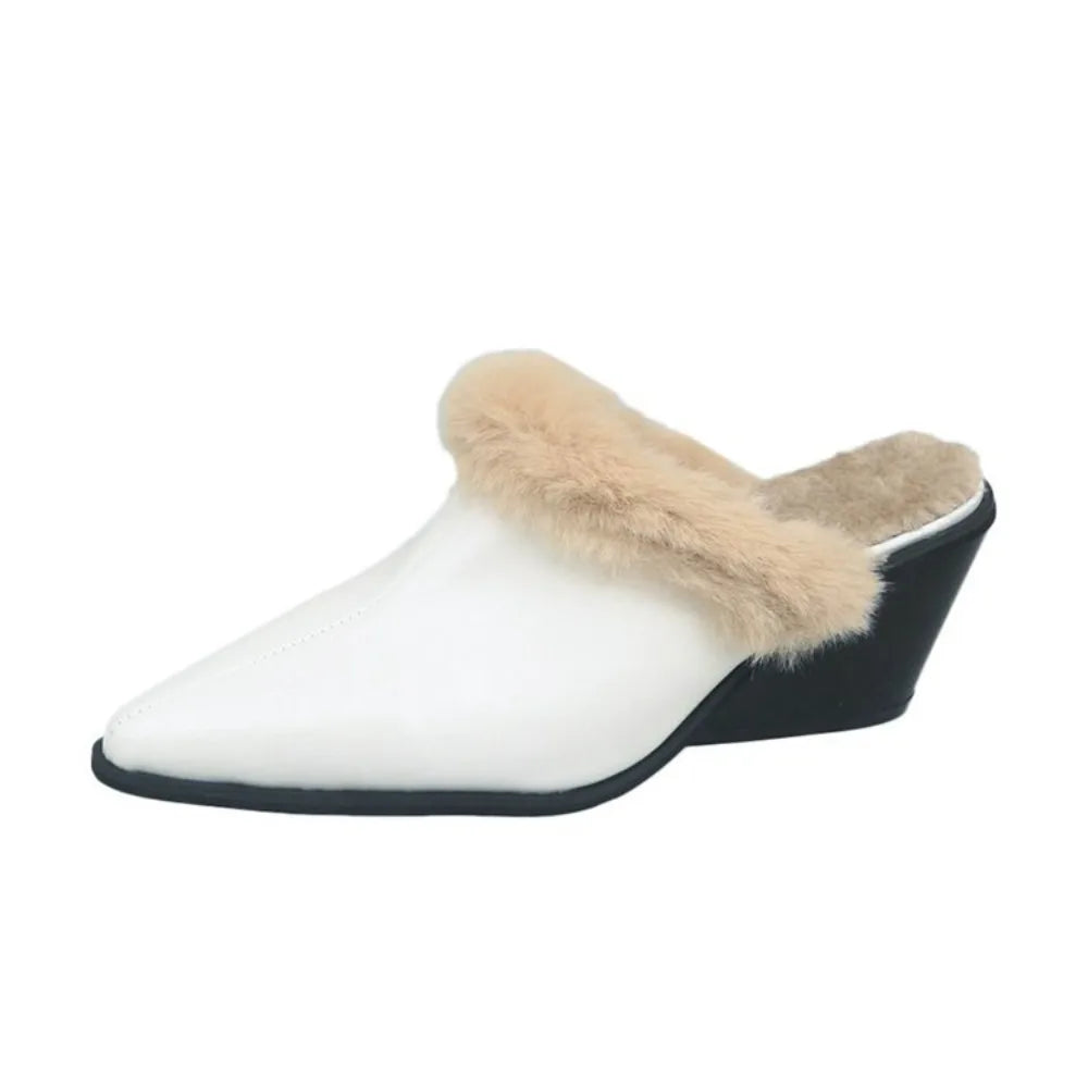 Non-slip Women 2025 Winter Baotou Half Slippers Block Heel Pointed