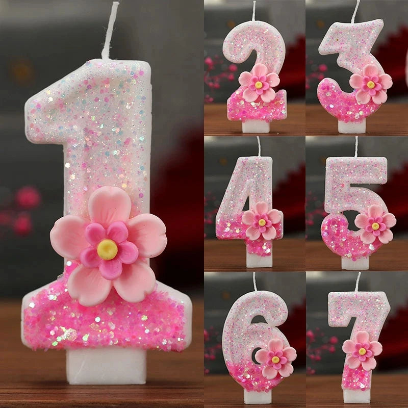 Creative Birthday Candles Pink Gradient Glitter Flower Number Cake