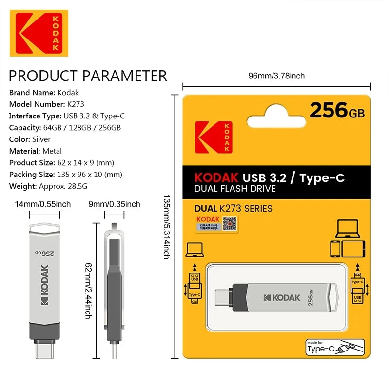 Kodak Type C Pendrive USB 3.2 Metal USB Flash Drive 128GB 64GB 32GB 256GB HDD 2 in 1 U-disk for Keys Smartphone Laptop Desktop Zpaxo