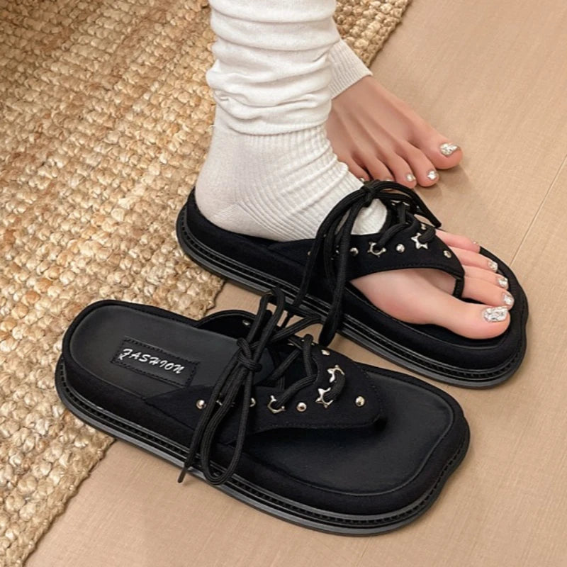 Women's Square Clip-toe Comfortable Vintage Mid Heel Slippers 2026 Zpaxo black 40