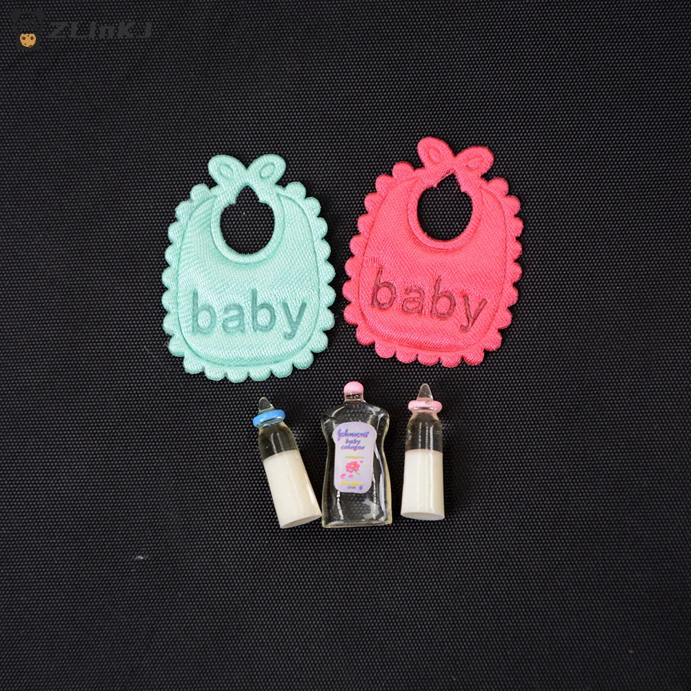 ▶5Pcs/set 1:12 Dolls House Miniature Baby Bottles Shampoo Bibs Set Nursery Accessory Gift Zpaxo