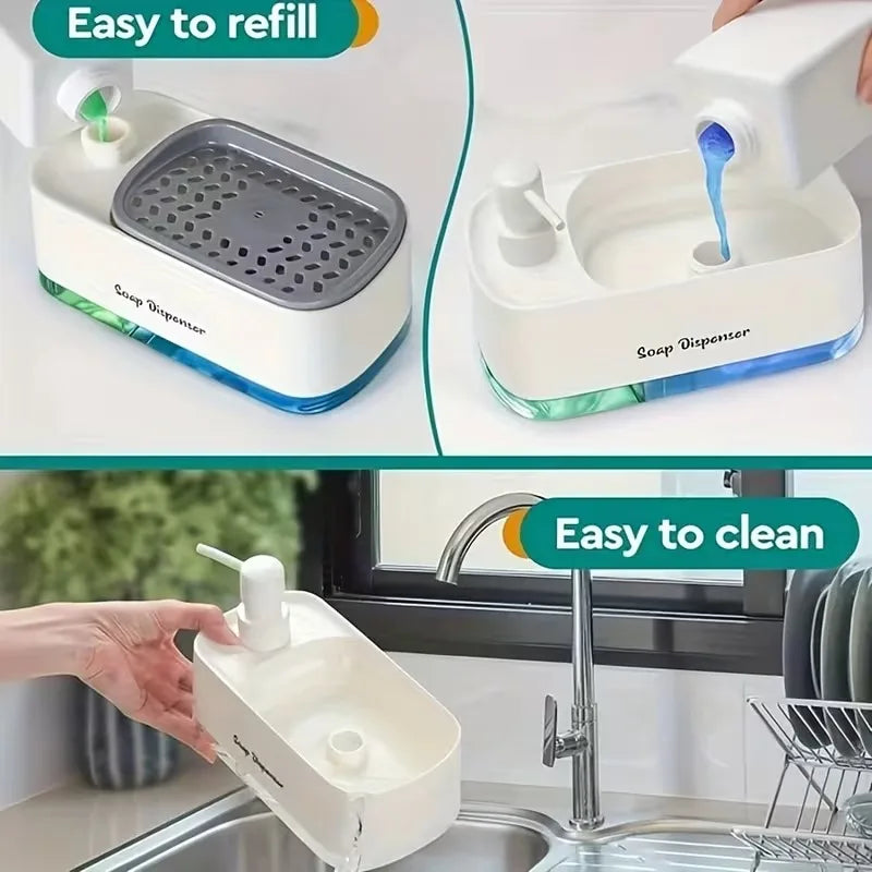 3-in-1 Kitchen Soap Dispenser Dual Pump Sponge Holder Efficient