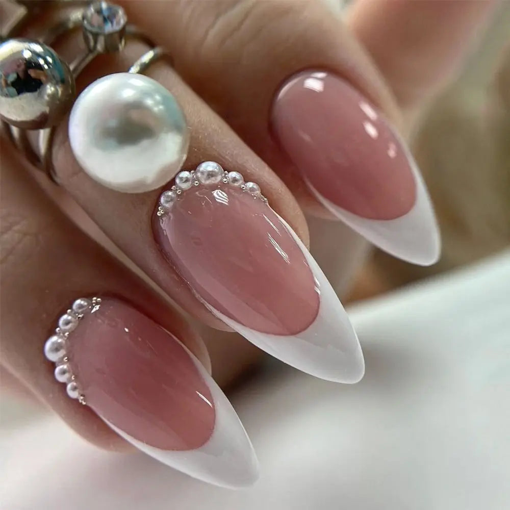 Manicure Long Almond False Nails French White Edge Press Bow Zpaxo JP2821