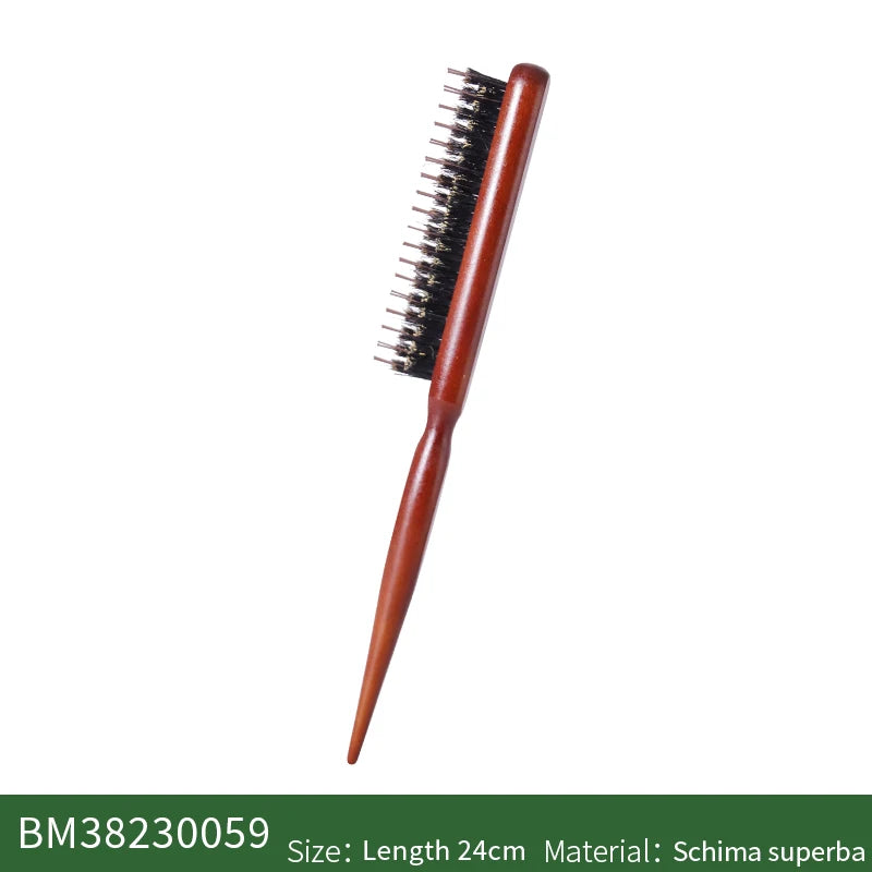 Custom Wood Fluffy Hair Comb Three Rows Boar Bristle Hair Brush Salon Teasing Slim Line Comb Extension Hairdressing Styling Tool Zpaxo Red-brown China Mainland