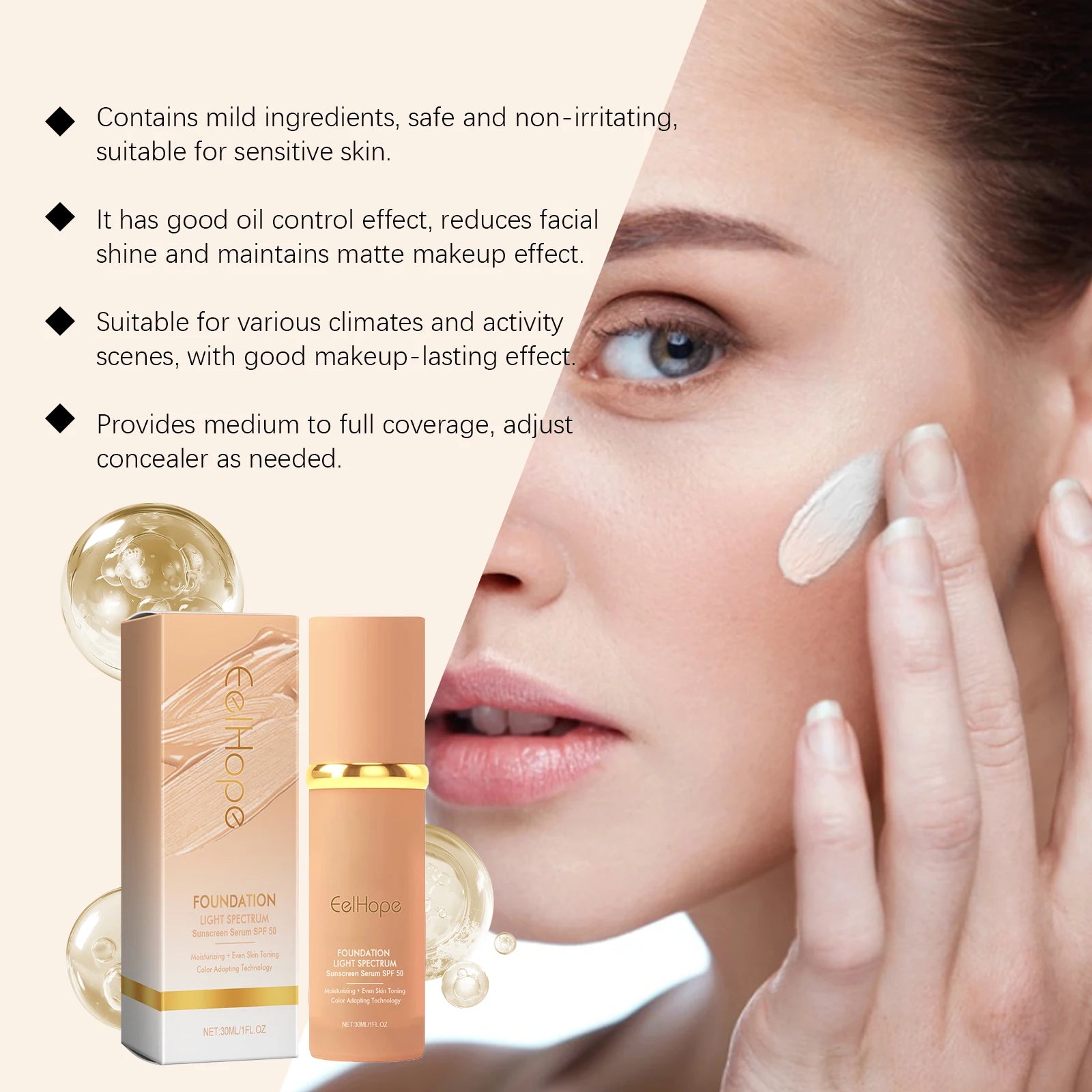 Eelhope 4-in-1 Color Changing Foundation SPF 50 Serum Concealer Liquid Foundation Zpaxo